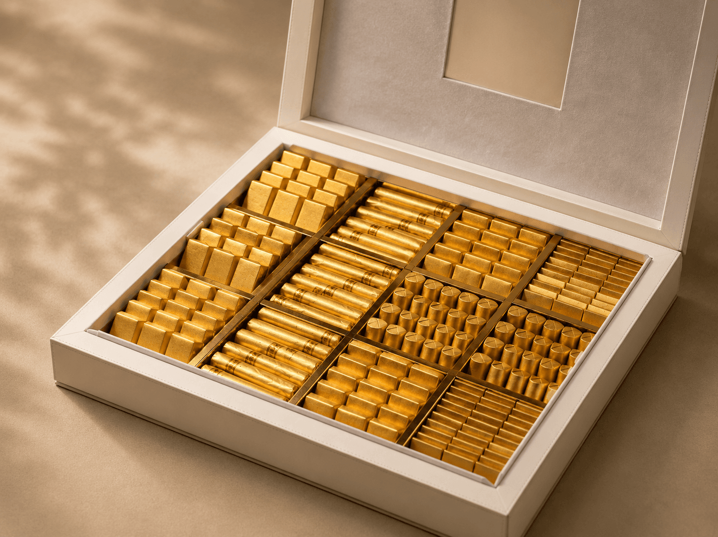 Open cream luxury gift box with gold-wrapped chocolates arranged in sections