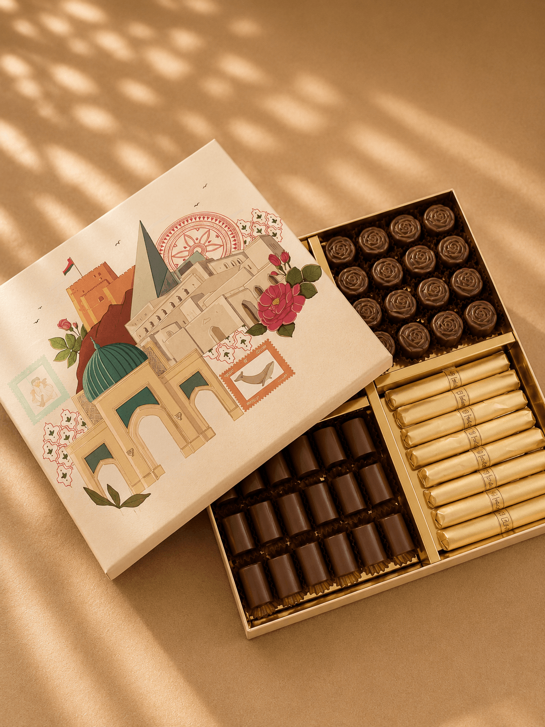 Open Muscat castle illustrated chocolate box on warm gold surface